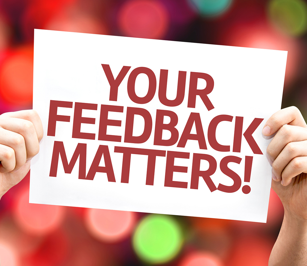Your Feedback Matters card with colorful background with defocus